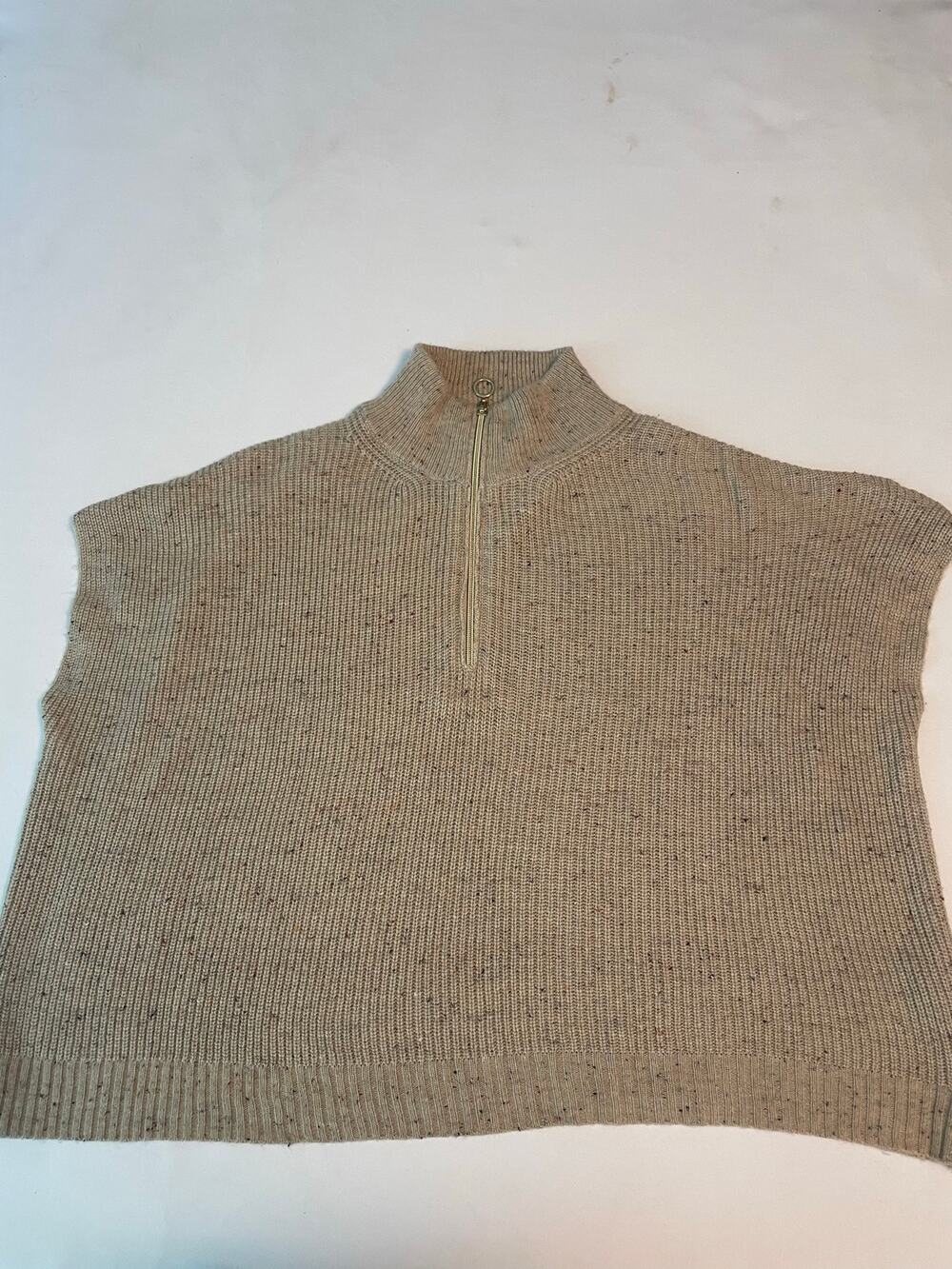 Elliott Lauren L Speckled Knit Half-Zip Mock Neck Sweater Tan Beige